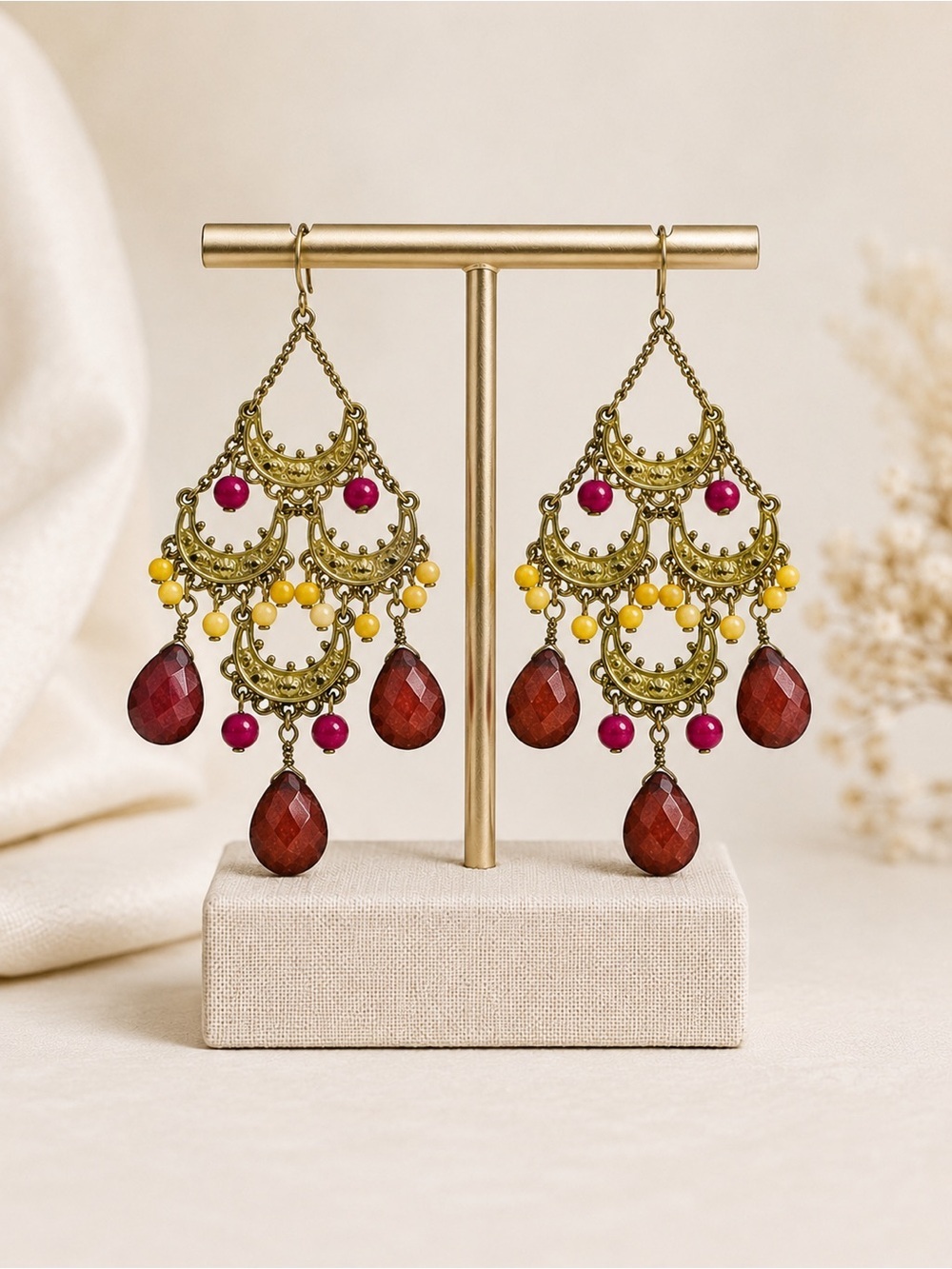 Boho Chandelier Earrings Gold Tone Pink Yellow Beads Faceted Teardrop Dangles